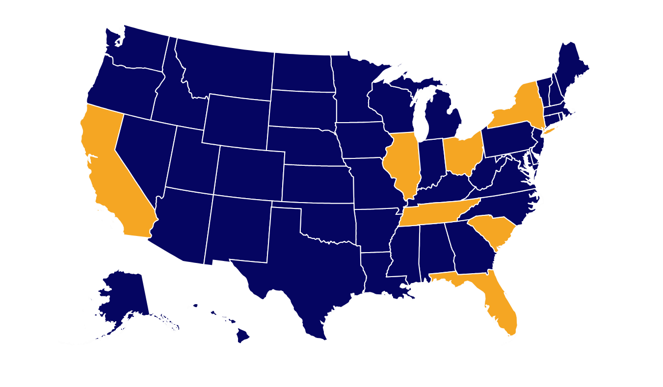 Map of the US showing highlighted states where scholars are from