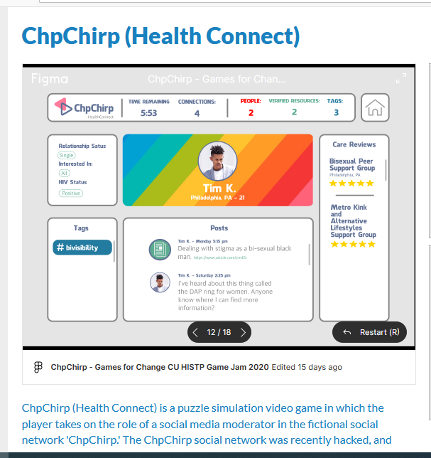 Screenshot from ChpChirp prototype by Dr. Megan Threats sample of the chpchirp game